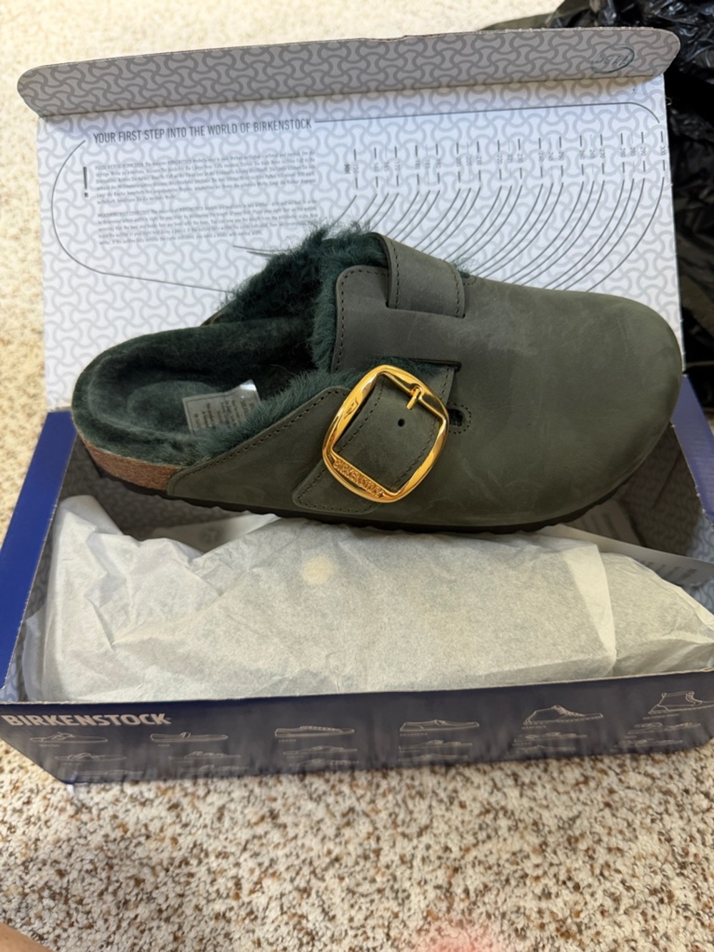Birkenstock Women’s Boston Clog - Color: Thyme with fur with Gold Buckle